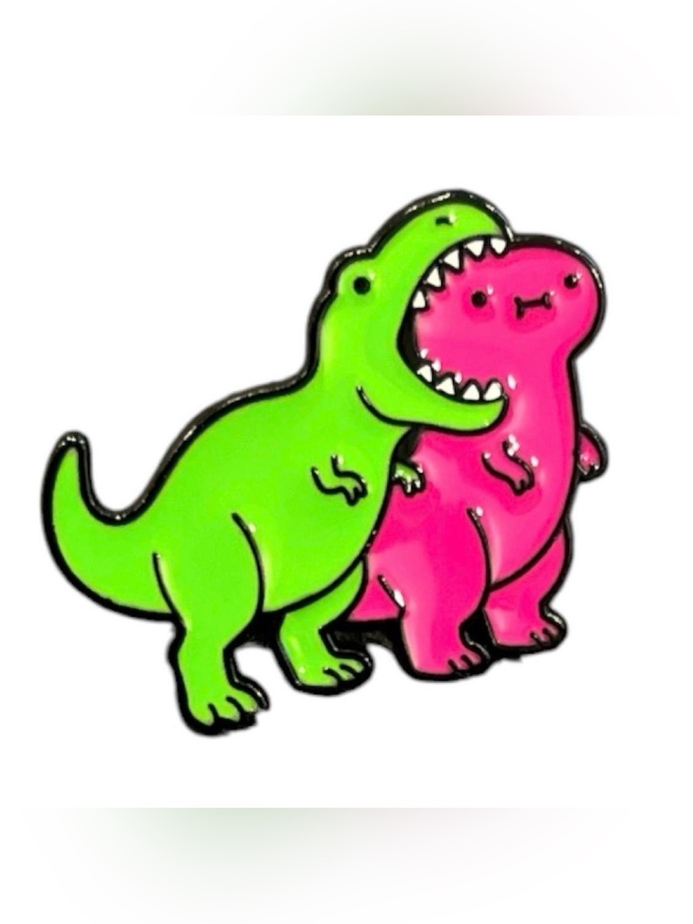 Green and Pink Dino biting head enamel pin